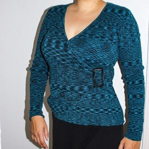 Blue Faux Wrap V-neck Sweater